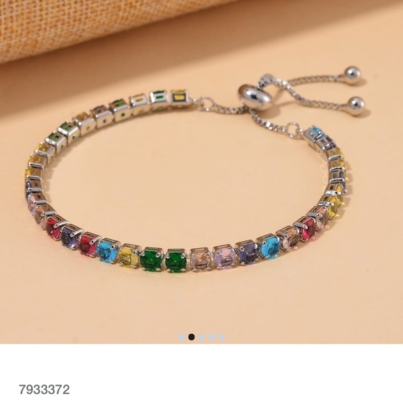 Simulated Multi Color Diamond Tennis Bracelet w/ Bolo Slider in Silvertone 6-9” - Picture 1 of 4